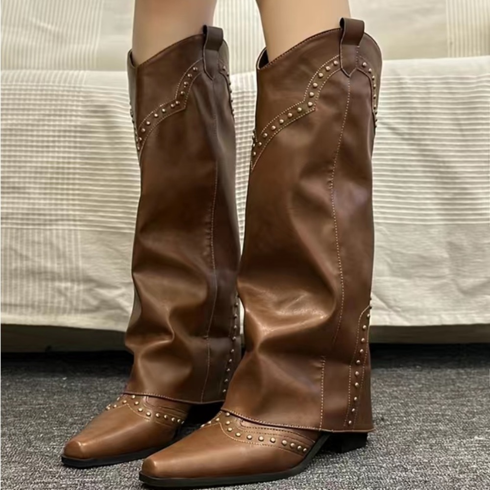 Brown Cowgirl Knee Boots with Silver Studs. And Chunky Heels